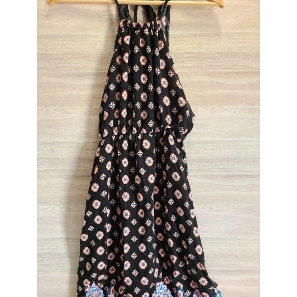 Boho Floral Maxi Dress Black Multicolor Halter Sleeveless Flowy Size L